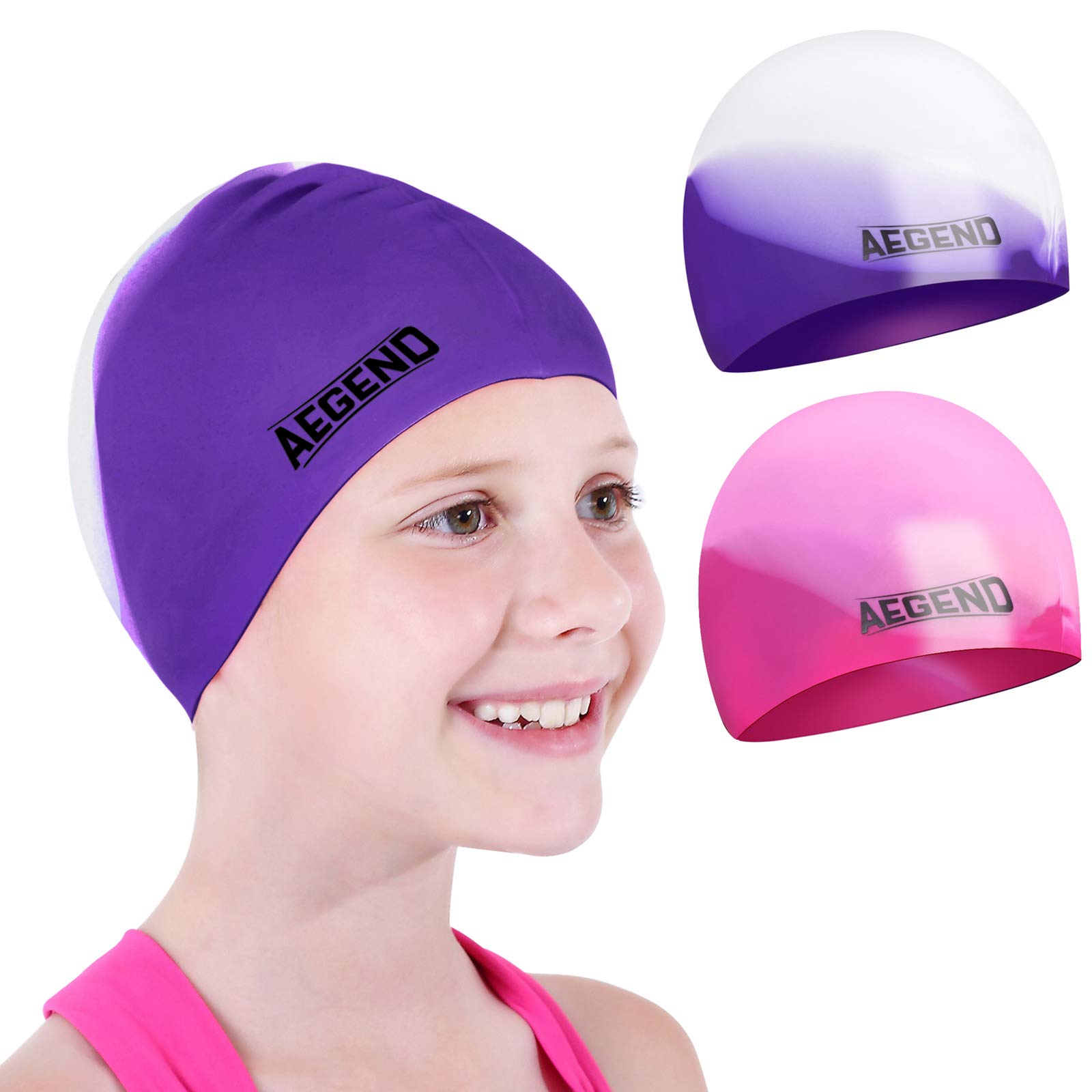 Photo 1 of Aegend 2 Pack Kids Swim Cap for Girls Boys Age 3-8, Waterproof Swim Cap Durable Silicone Kids Swimming Cap for Long Hair, Purple & Pink