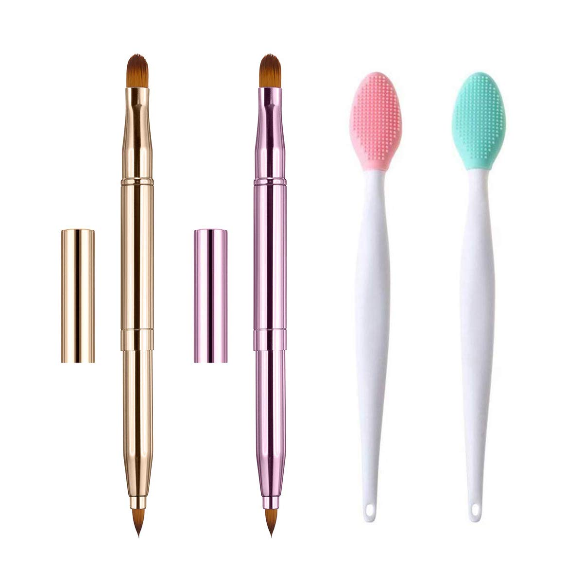 Lip Brush Set, FITDON 2pcs Retractable Lip Brush with Cap for Lipstick Gloss & 2pcs Double-Sided Silicone Exfoliating Lip Brushes: Beauty