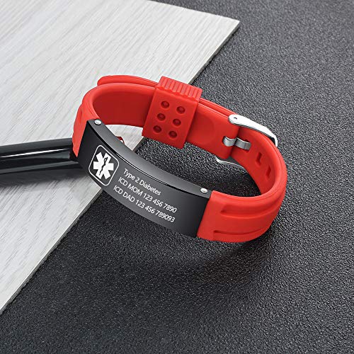 Free Engraving 9 Inch Silicone Adjustable Medical Bracelets Sport Emergency ID Bracelets for Men Women Kids Waterproof Rubber Alert Bracelets (Red-black)