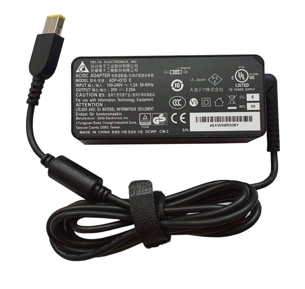 Delta 45W Laptop Adapter for Ideapad S210, S500, S510p, U430, U430p, U530 Touch; Yoga S1, 11, 11s, 13, 2 Pro; Flex 10, 2 14, 14D, 15, 15D 20V 2.25A Charger USB Rectangular Yellow Tip
