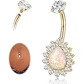 AROWRO Belly Button Ring Gold Titanium Hypoallergenic Teardrop Belly Button Piercing 14G 10mm Barbell for Women With Cubic Zircon White Opal