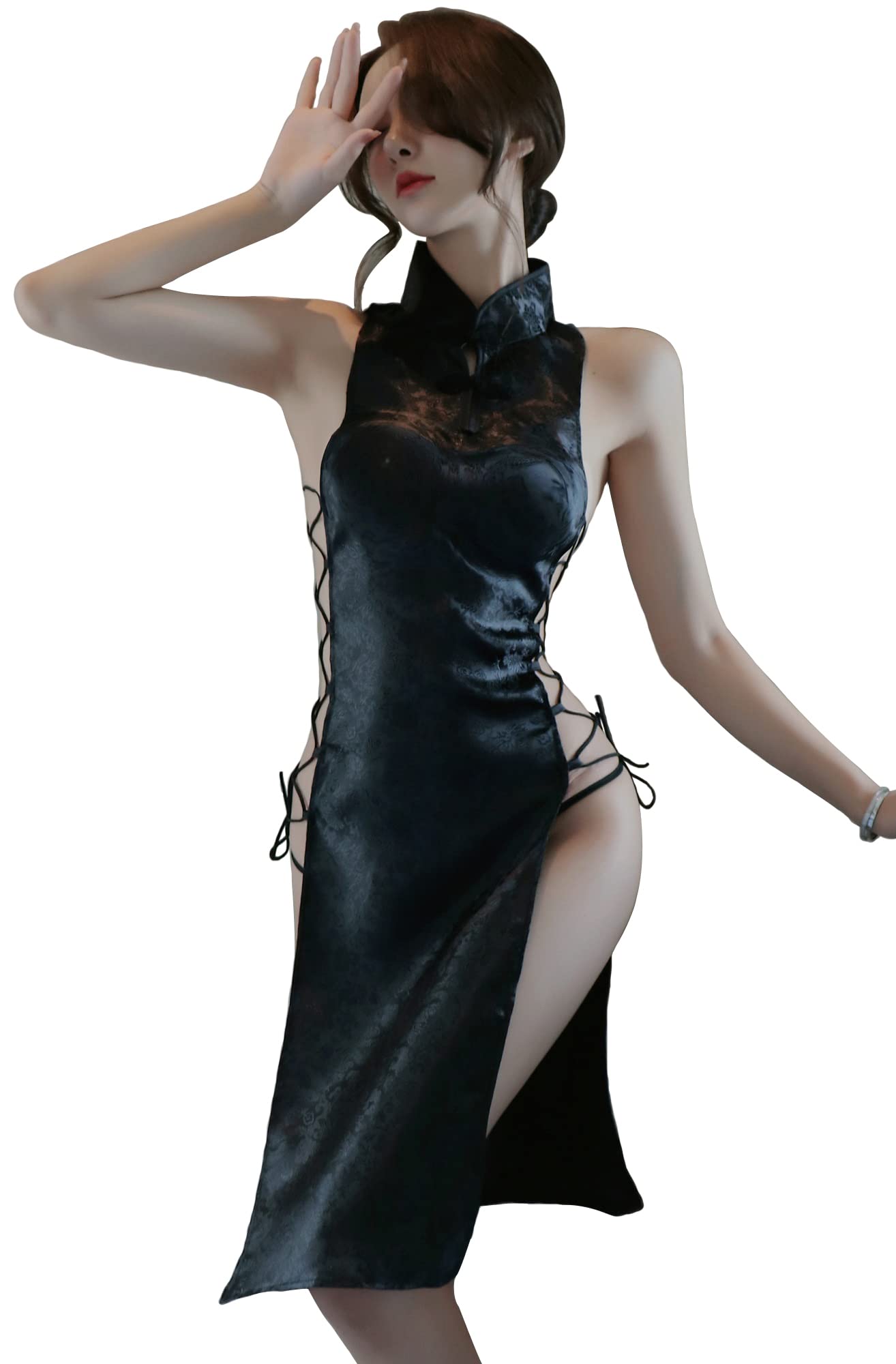 DEDLSEME Women's Lingerie Pajamas Bandage Slit Nightclub Uniform Temptation Retro Cheongsam Set,UK 6-12 Black