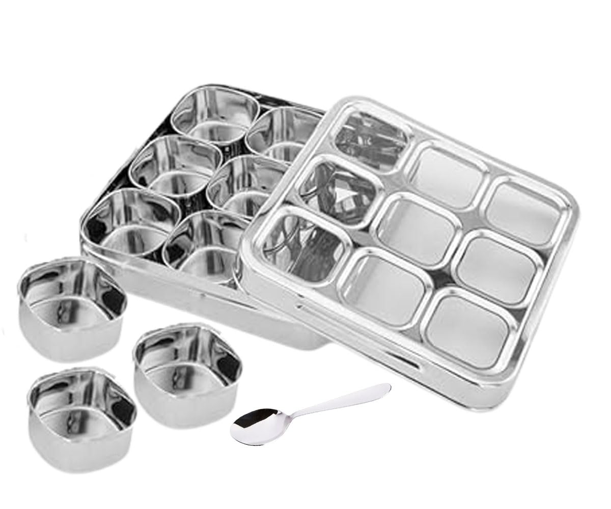 Satre Online and Marketing Stainless Steel Square Shape 9 Container Transparent Spice Box with 1 Spoon, 9 Removable Spice Containers, Spice Box/Masala Dabba for kitchen, Spice Box with Glass Lid
