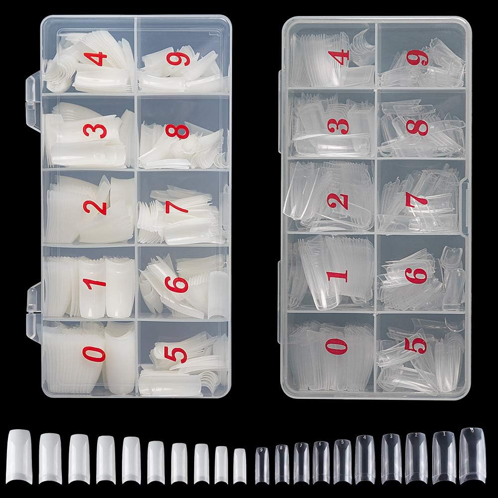TAKIYA 1000pcs Lady French Nails Half Tips Acrylic Flake Nails Half Cover Artificial False Nails & Box (Natural +Clear)