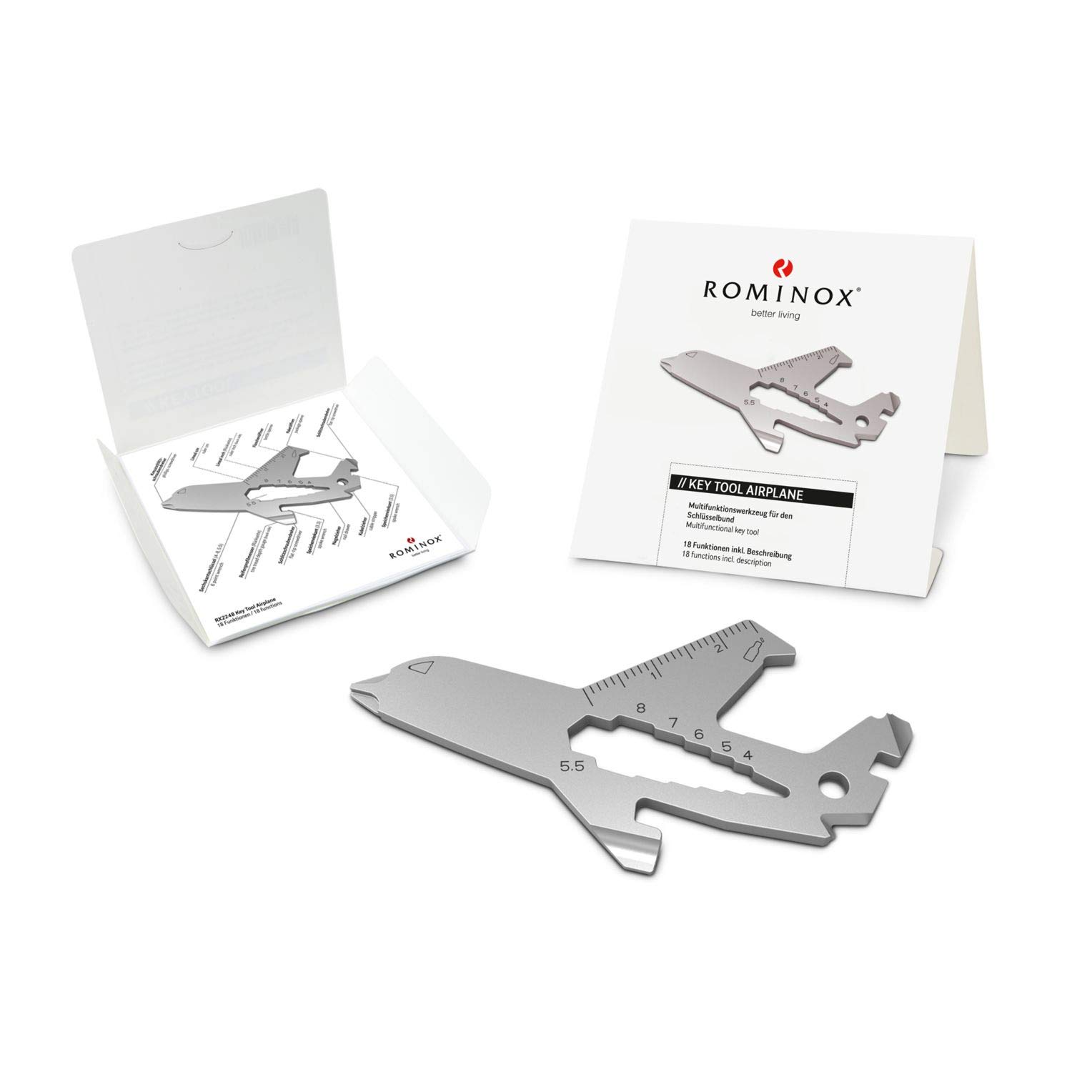 Gift Item: Rominox Key Tool/Aeroplane, 18 Functions, Keytool Key Ring Aeroplane/Pilot, Stainless Steel Multitool with Function Description, Multifunctional Tool for Travelling or Holiday — image 1