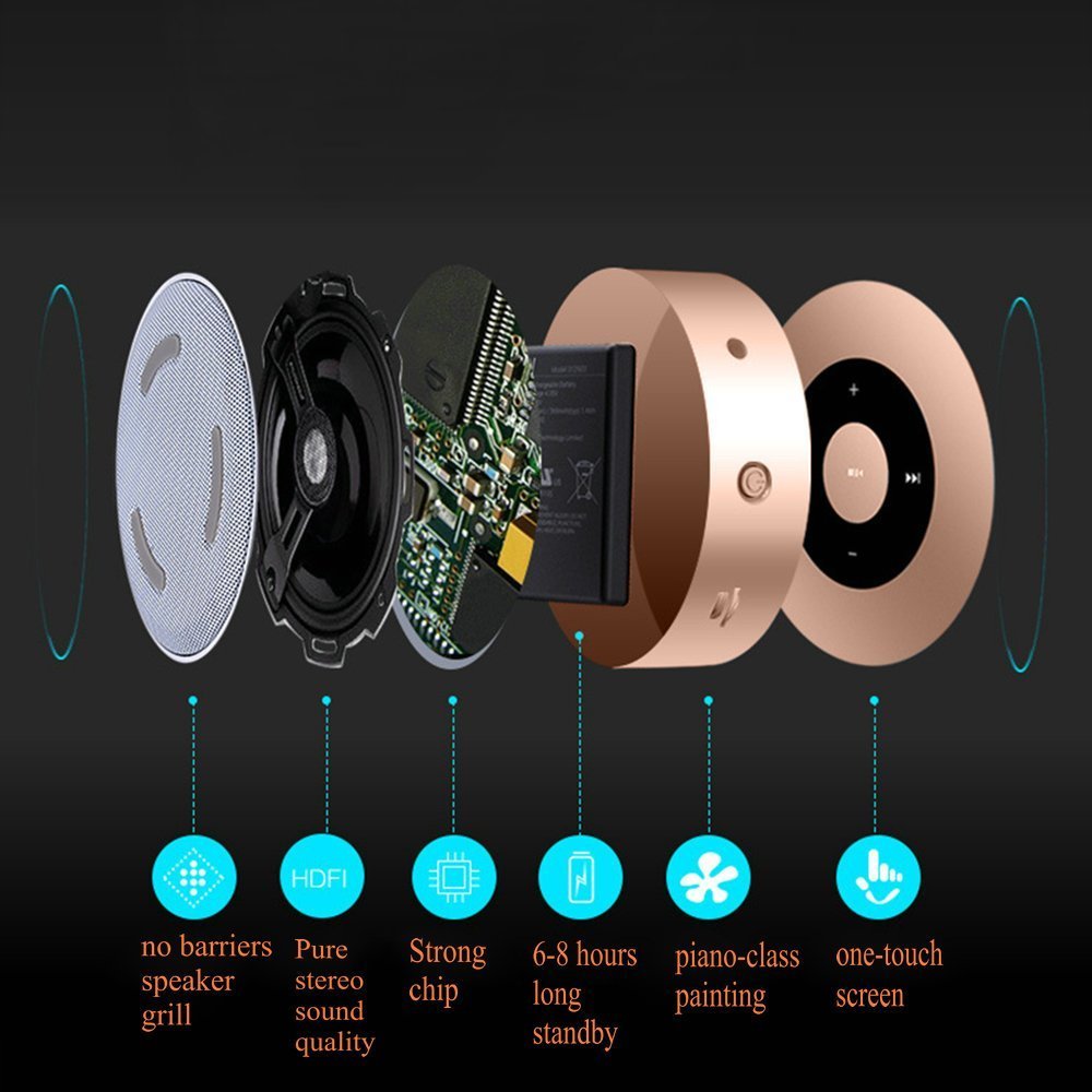 SinoPro Bluetooth Speaker, Portable wireless Speaker with Touch Screen Output Strong Bass Stereo SoundBuilt-in Microphone TF Card Slot AUX-In Slot for Smartphone, PC, Tablet and other Devices (Gold)