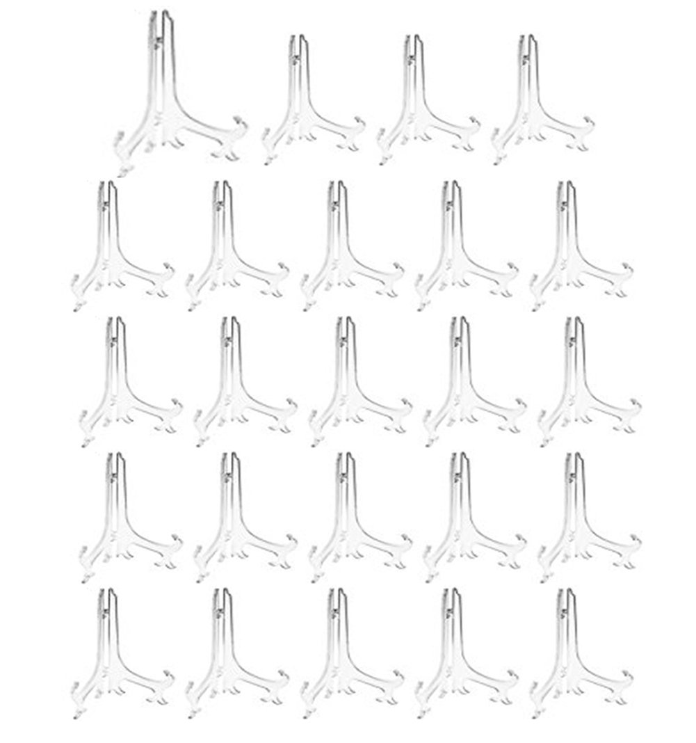 Tincogo 4" Clear Plastic Easels or Stand/Plate Holders to Display Pictures or Other Items at Weddings, Home Decoration, Birthdays, Tables (24 Pack)