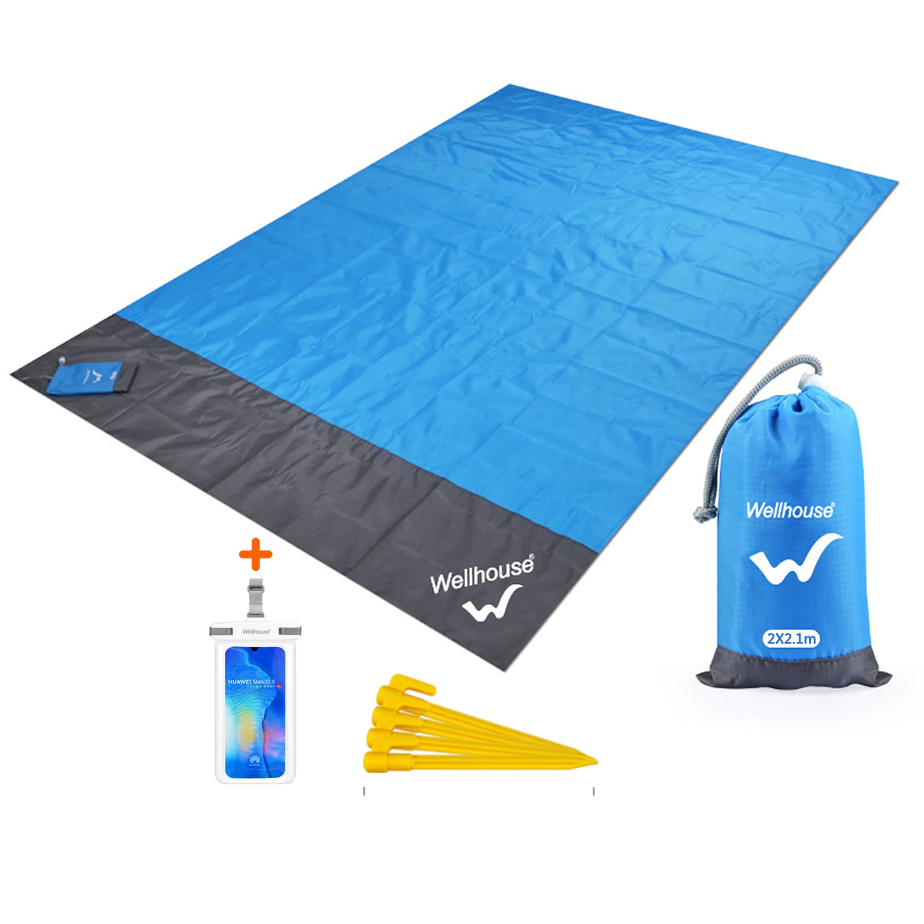 Sandproof Beach Blanket 79in x 83in Camping Mat Waterproof Picnic Blankets with Floating Waterproof Phone Pouch Washable Rug for Travel Hiking Music Grass BBQ Trips Lightweight Quick Drying Blue
