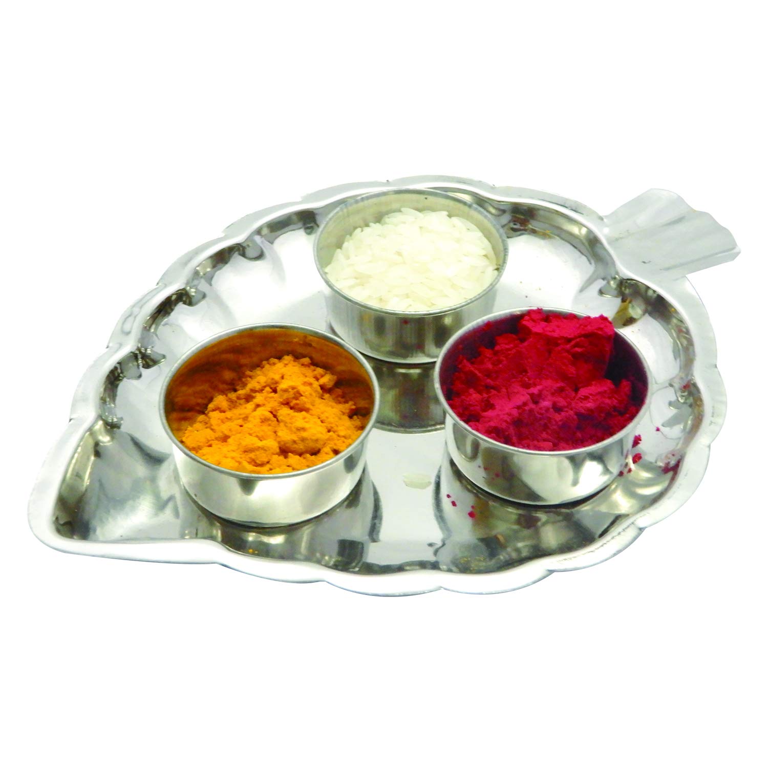 Photo 1 of Haldi Kumkum Holder Containers Pooja Thali Set Stainless Steel Haldi Kumkum Holder Stand Leaf Shaped Thali Festival Puja Plate Container 3 Bowls Kumkum Stand Returns Gift