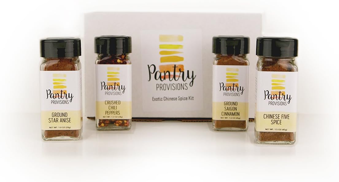Exotic Chinese Spices and Blends Set: Saigon Cinnamon, Five Spice Powder, Crushed Red Chilies and Star Anise