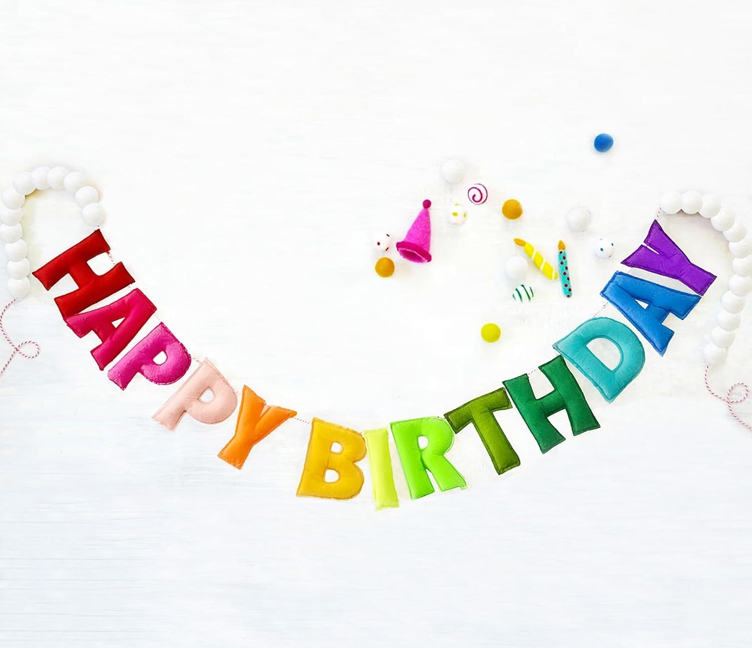 Pre-Strung Happy Birthday Banner - Felt Ball Garland - HAPPY BIRTHDAY Garland, Rainbow Birthday Decorations, Personalized Sign for Decor, Party Decor, Photo Prop (White Ball) — image 1