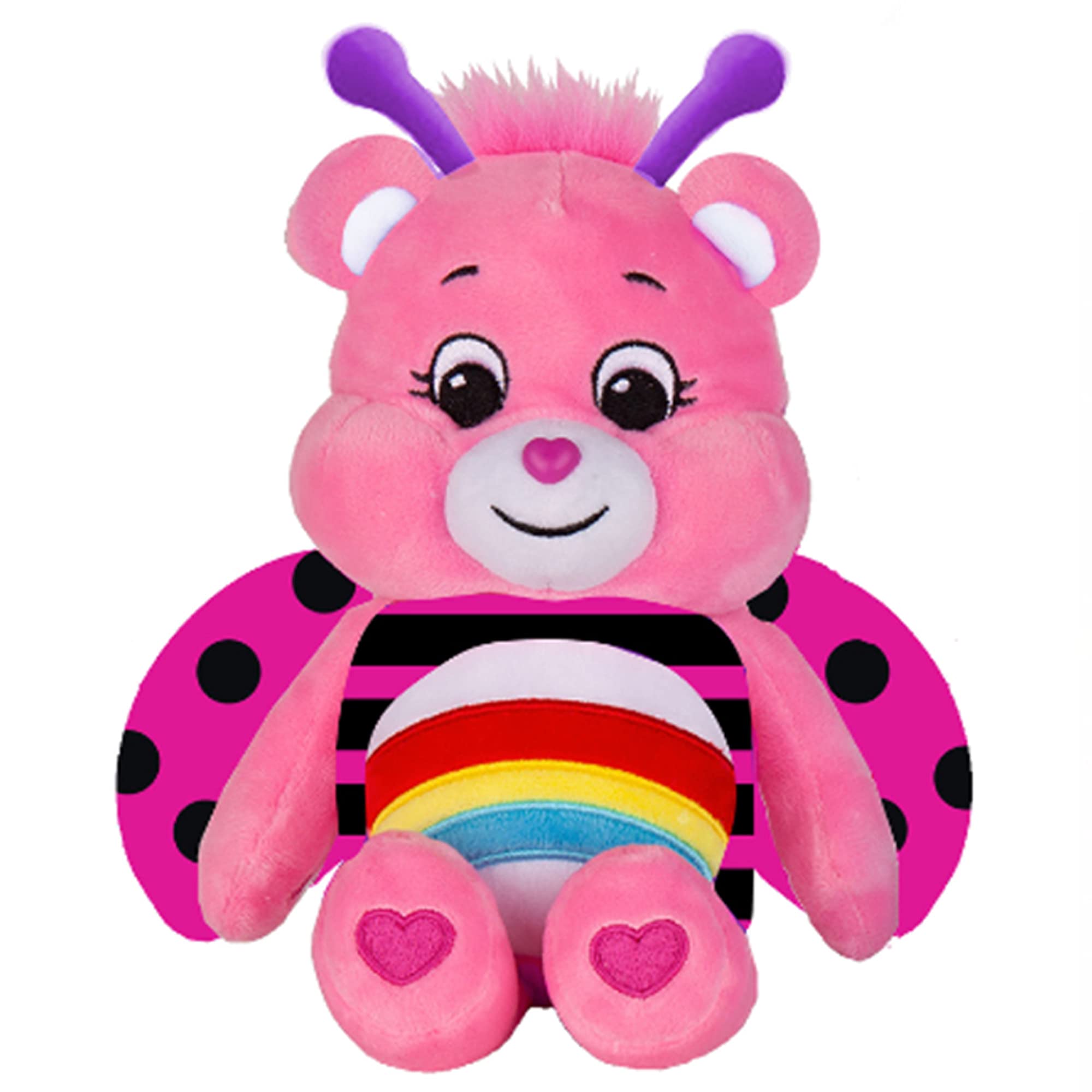 Care Bears - Basic Fun Lady Bug Cheer Bear 22cm Bean Plush – Pink Collectible Teddy with Rainbow Tummy – Soft Cuddly Toy for Kids Aged 4+ – Small Plush Bear Gift, 9"