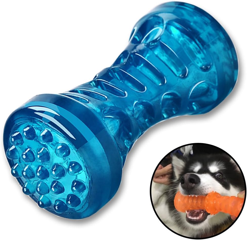 Dog Chew Toys, Durable Safe Non-toxic Soft Rubber Dumbbell Chew Resistant Dog Squeaky Toy (Blue-Small)