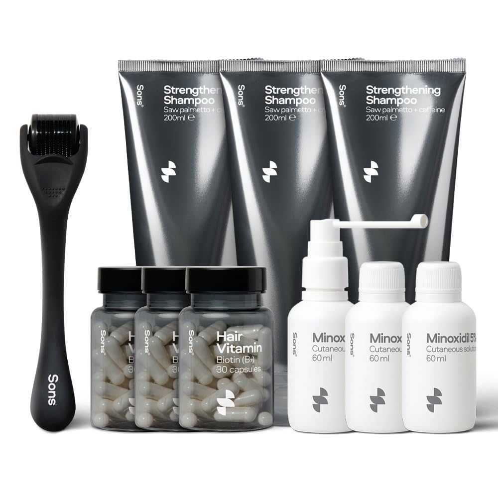 Sons Complete Hair Loss Treatment for Men. Minoxidil 5% Hair Regrowth Treatment, Vegan Biotin for Hair, Skin & Nails, Hair Growth Shampoo, Microneedling Derma Roller. 3 Month Supply. Made in Europe.