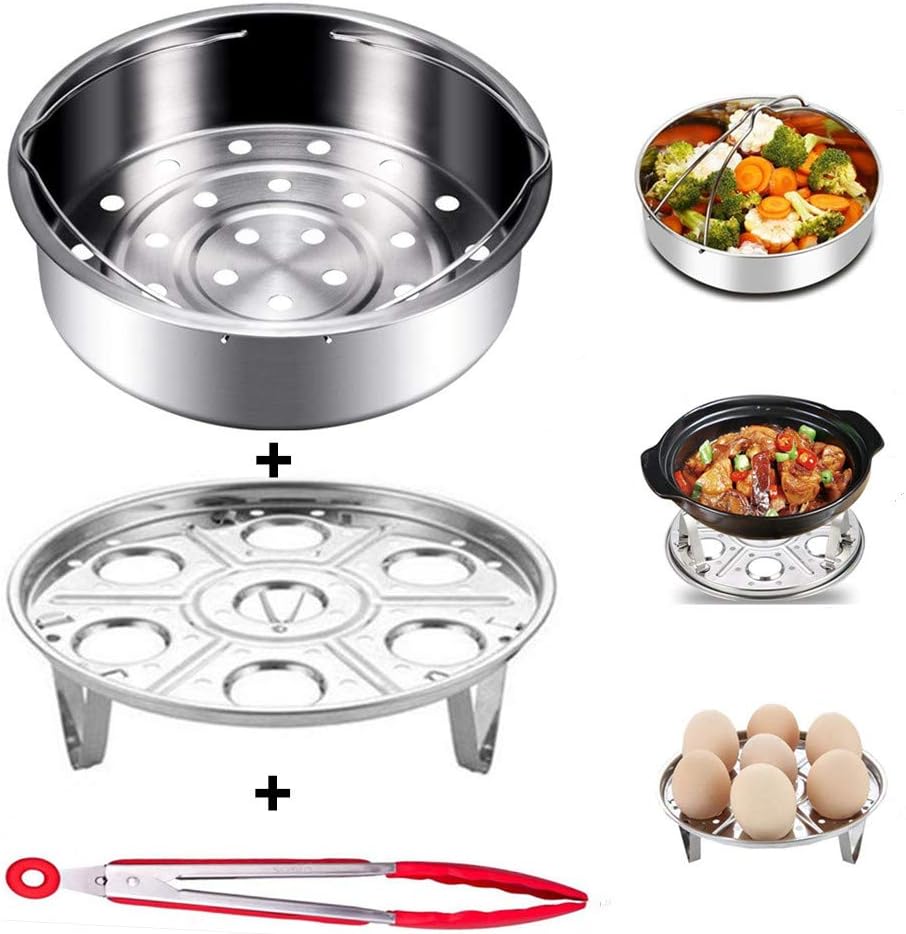 Steamer Basket Accessories for Instant Pot, Fits Instant Pot 5, 6, 8 Quart Pressure Cooker with Egg Steaming Rack and Kitchen Silicone Tongs, Stainless Steel 3 Pack