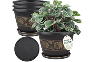 Usocik 4 Pack 12 inch Plant Pots, Retro Pattern Planters with Drainage Holes and Saucer, Sturdy Plastic Garden Flower Pots fo