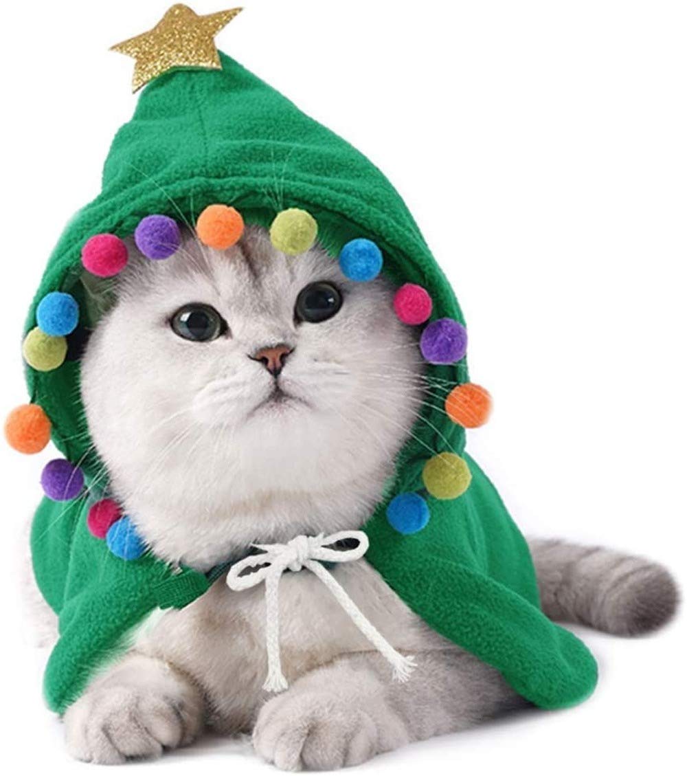 Cat Christmas Elf Costume - Xmas Cloak Santa Cape with Hat for Cats and Small to Medium Sized Dogs - Party Cosplay Outfit