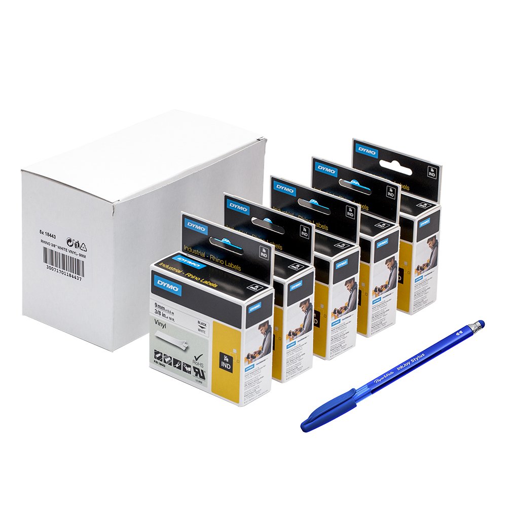 5 x Dymo 18443 Rhino Vinyl Industrial Labels, Self-Adhesive - 9 mm x 5.5 m Roll, Black Print on White + PaperMate Pen Gift