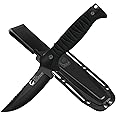 CuCut Full Tang Fixed Blade Knife with Sheath - 4-inch Crescent Type Carbon Steel Blade, Black Non-Stick Finish, Non-Slip Handle Camping Knife for Outdoor, Survival, Fishing, Hiking, Black