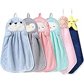 FHDUSRYO 6Pcs Cute Animals Hand Towels Set for Kitchen, Absorbent Soft Coral Velvet Hand Dry Towel with Hanging Loop, Microfibre Quick Dry Hanging Face Towel Washcloth for Kids Adults Bathroom