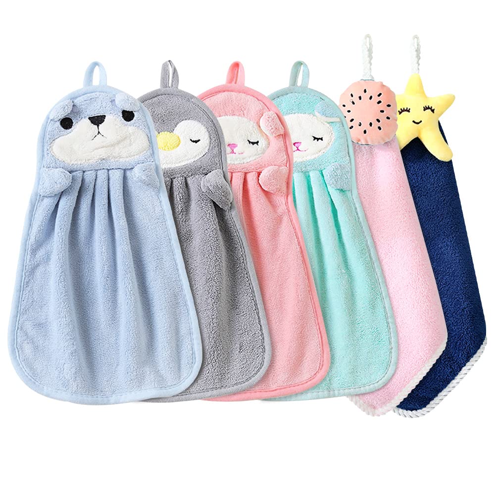 BOJVESH 6Pcs Cute Animals Hand Towels Set for Kitchen, Absorbent Soft Coral Velvet Hand Dry Towel with Hanging Loop, Microfibre Quick Dry Hanging Face Towel Washcloth for Kids Adults Bathroom…