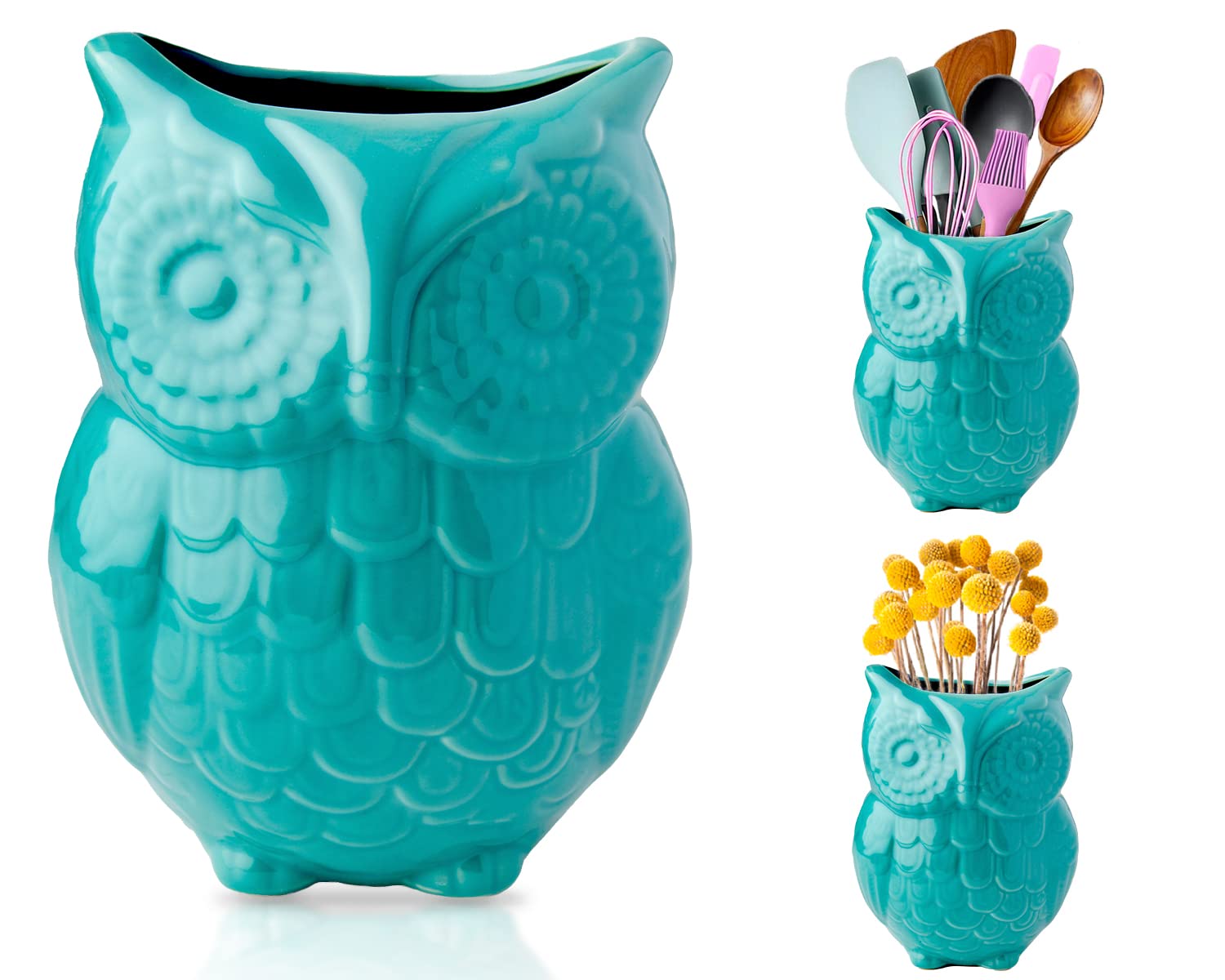 Comfify Owl Utensil Holder Decorative Ceramic Cookware Crock & Organizer, in Lovely Aqua Blue Color - Utensil Caddy and Perfect Kitchen Ceramic Décor Gift - 12.7 x 17.8 x 10.2 cm Size
