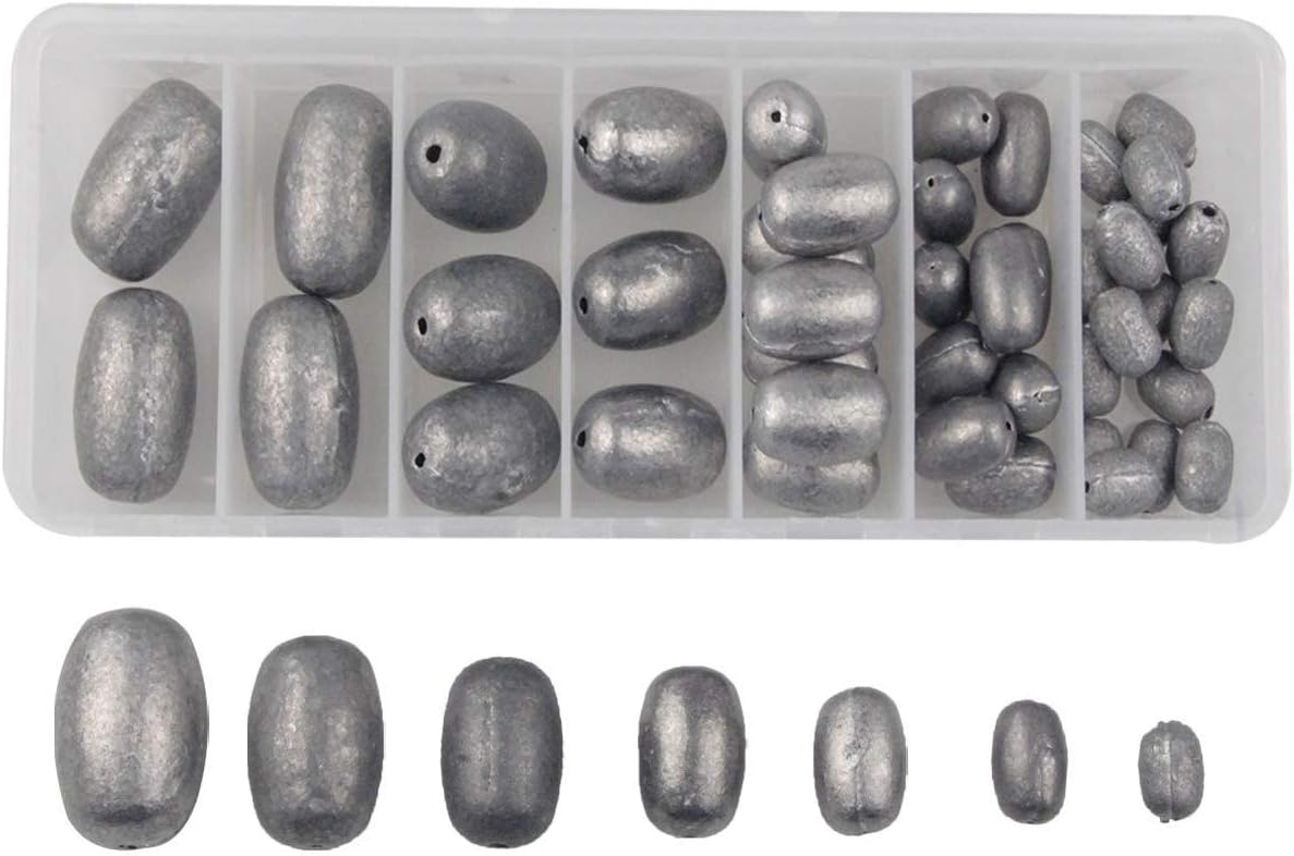 JSHANMEI 42pcs/Box Egg Sinker Weight Kit Saltwater Fishing Sinker Olive Egg Bass Casting Bullet Weight Assortment