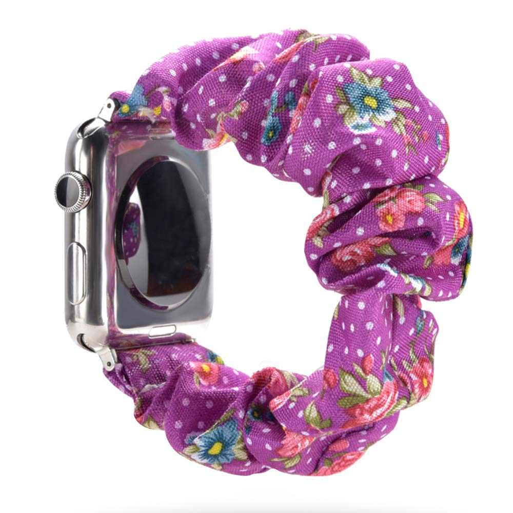 Scrunchie Elastic Watch Wristbands Replacement for Apple Watch, Soft and Stretchy Watch Scrunchy Strap Compatible with iWatch Series1-5 (38MM/40MM, 42MM/44MM) (Purple Floral Print, 38mm/40mm)