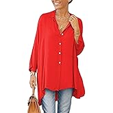 Aoysky Womens Oversized T Shirts Button Down Long Sleeve Shirt V Neck Collar Loose Flowy Blouse