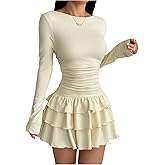 Floerns Women's Y2k Mini Dress Long Sleeve Ruched Layered Ruffle Hem Going Out Dresses