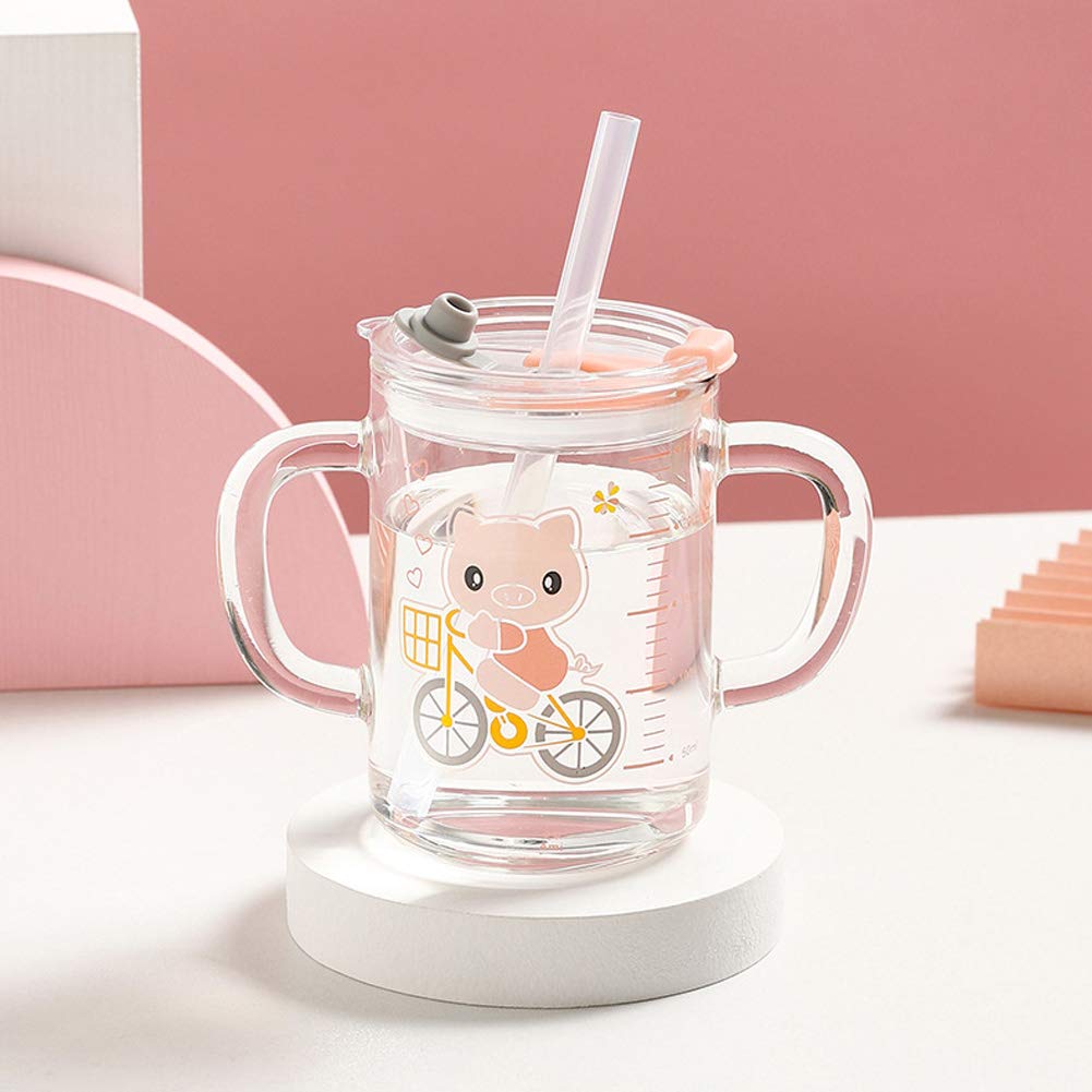 Qchomee Kids Glass Milk Measure Cup 300ml with Silicone Straw and Lid Heat-Resistant Leakproof Water Bottle Travel Mug Tumbler with Double Handle for Kids Age 3+ (Pink Piggy)