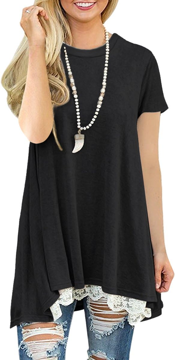 Womens Lace Casual Short Sleeve Tunic Tops Loose Blouse T Shirt