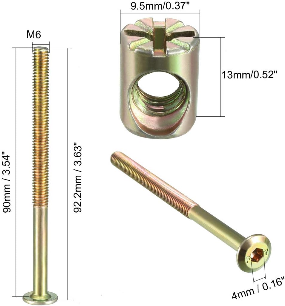 sourcing map M6x90mm Furniture Bolt Nut Set Hex Socket Screw 52mm Thread Length with Barrel Nuts for Beds Headboards Chairs 4 Sets - Image 4