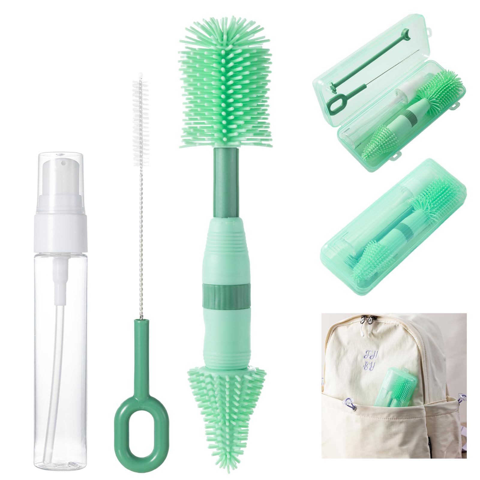 Photo 1 of Anivona Travel Bottle Brush, 6-in-1 Travel Bottle Cleaner kit with Bottle Brush, Nipple Brush, Straw Brush, Soap Dispenser, Drying Rack, Storage Box, Portable Baby Travel Essentials, BPA-Free(Green)