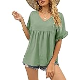 WIHOLL Womens Tops Casual V Neck Ruffle Sleeve T Shirts Babydoll Loose Fit Peplum Tops