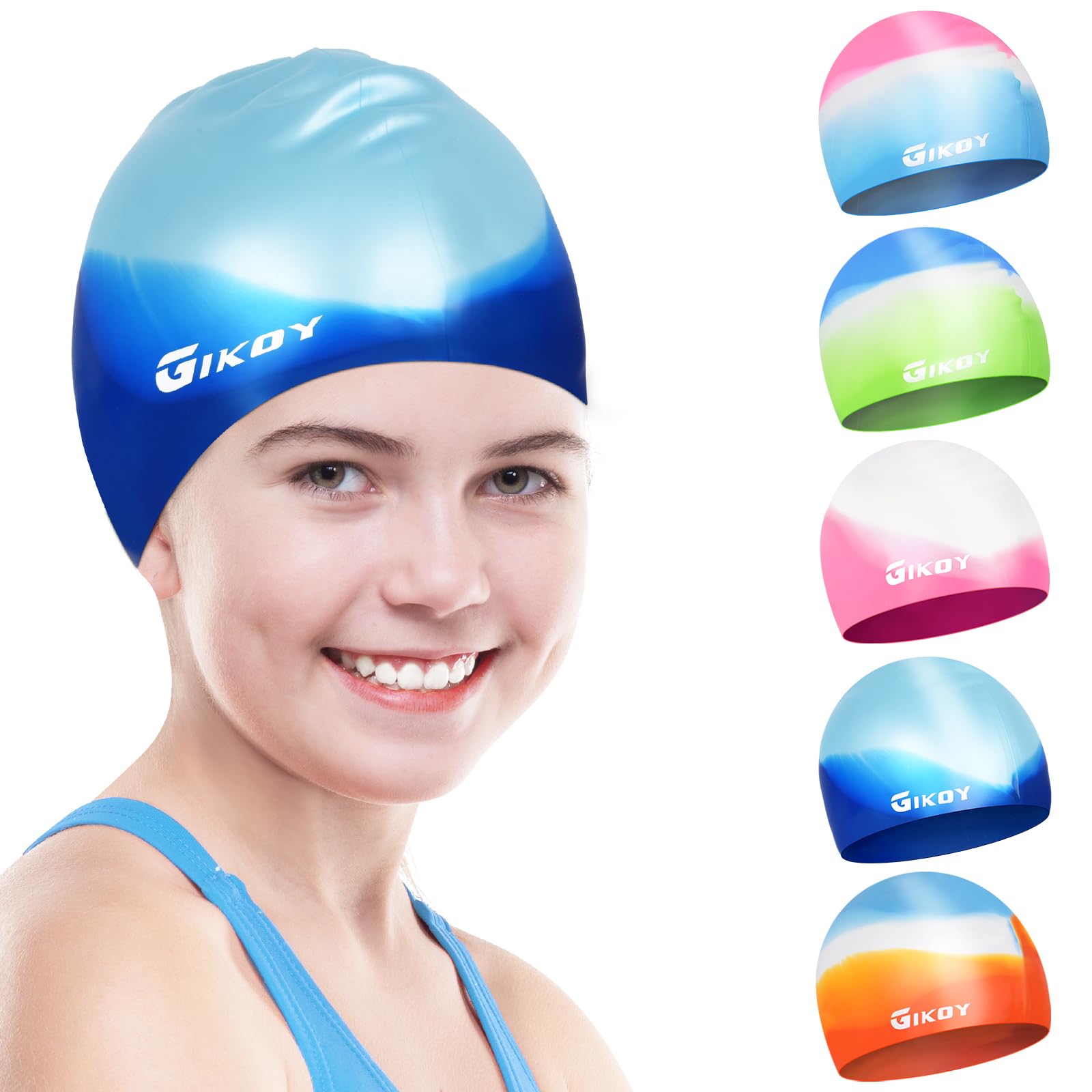 Swimming Cap Kids, Swim Caps for Girls Boys Children Aged 5-14, GIKOY Comfortable Stretchable Swimming Hats for Long Hair, Silicone Odour Free Waterproof Swim Hat, Non-Slip lining & Keep Hair Dry