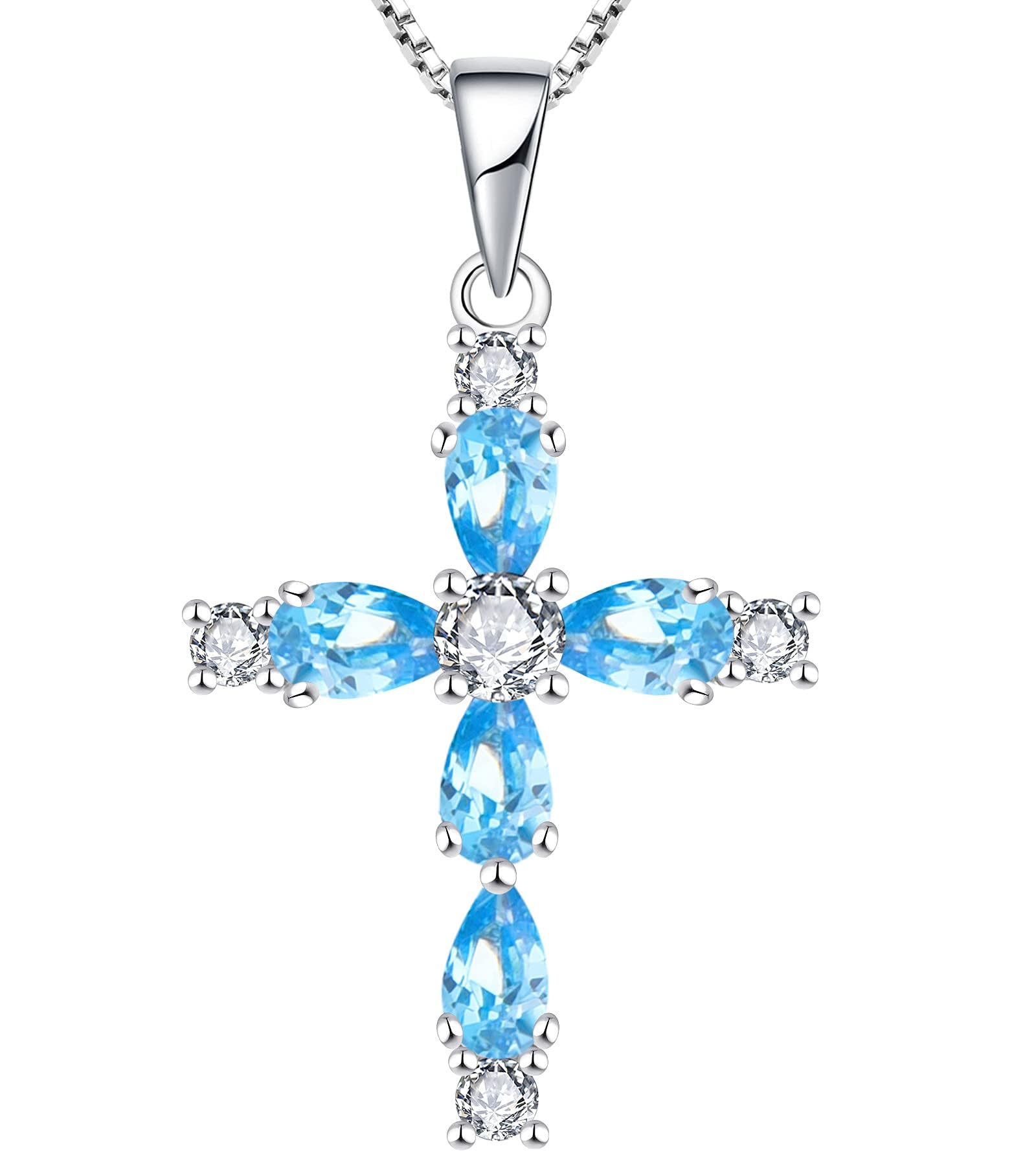YL Cross Necklace 925 Sterling Silver March Birthstone Aquamarine Blue Crucifix Pendant Necklace Gifts for Mum Women, 45-48 CM
