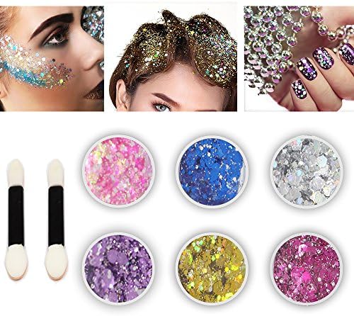 Body Glitter 6 Colors Holographic Chunky Glitter Long Lasting Fix Gel,COSMETIC GLITTER NEKOMI,Festival Beauty Makeup Face Body Hair Nails,Apply directly without glue