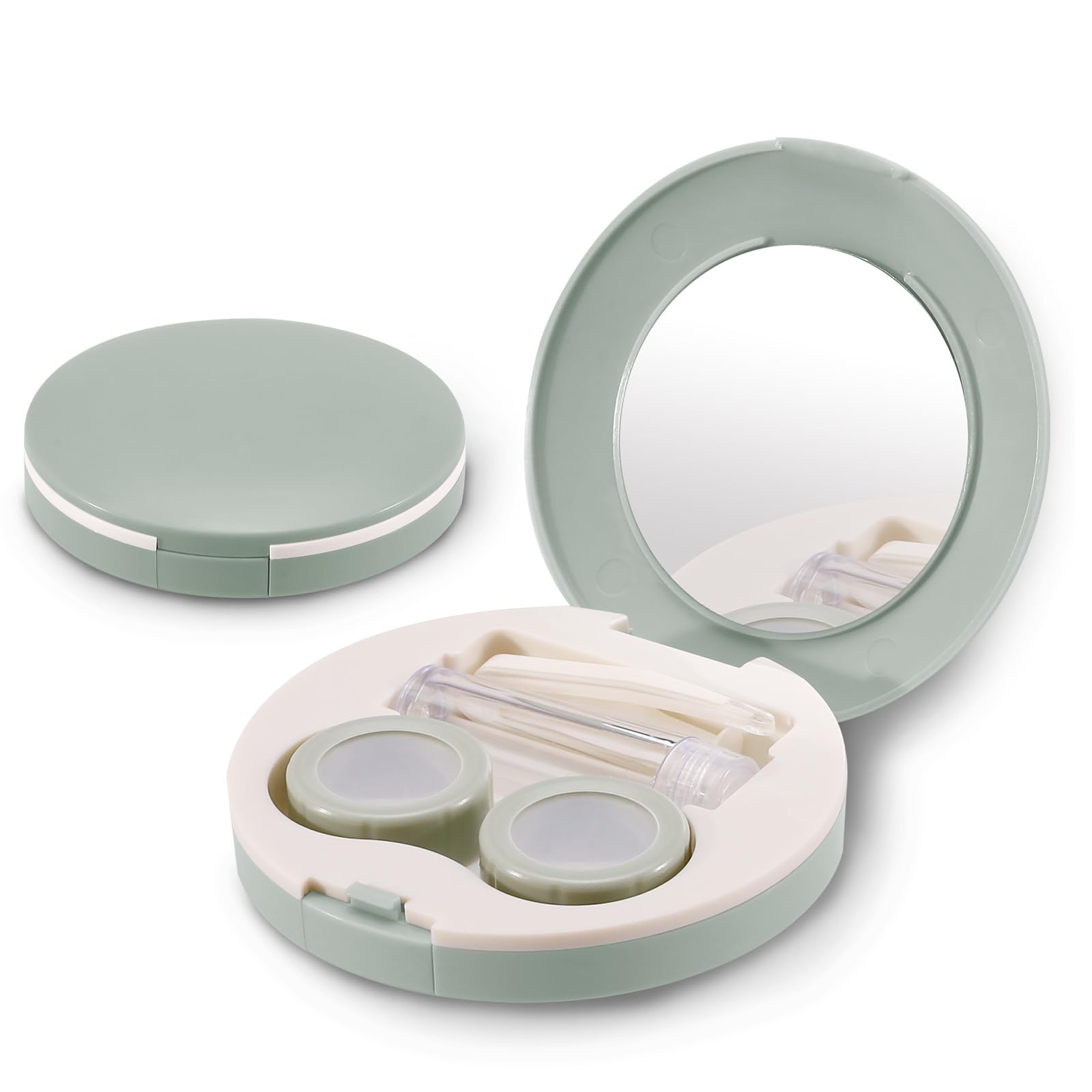 2 Pack Travel Contact Lens Case Kit, Portable Eye Contact Case with Mirror, Remover Tool, Tweezers & Solution Bottle, Lens Holder Box Container Storage for Outdoor Daily (Round, Green)