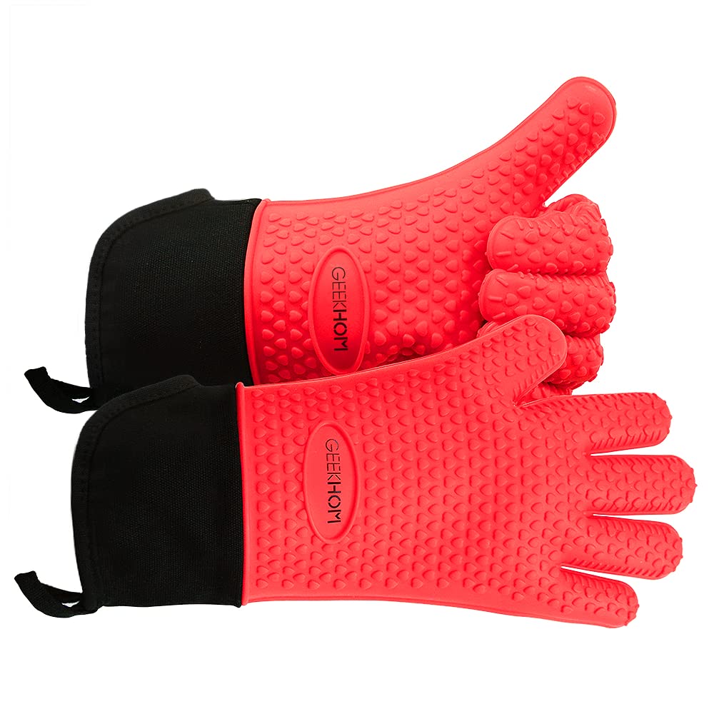 Photo 1 of GEEKHOM BBQ Gloves Heat Resistant Oven Mitts - Silicone Grilling Gloves with 14" Long Arm Protection - Waterproof Pot Holder Non-Slip for Men & Women, Kitchen Cooking, Baking, Camping, Red