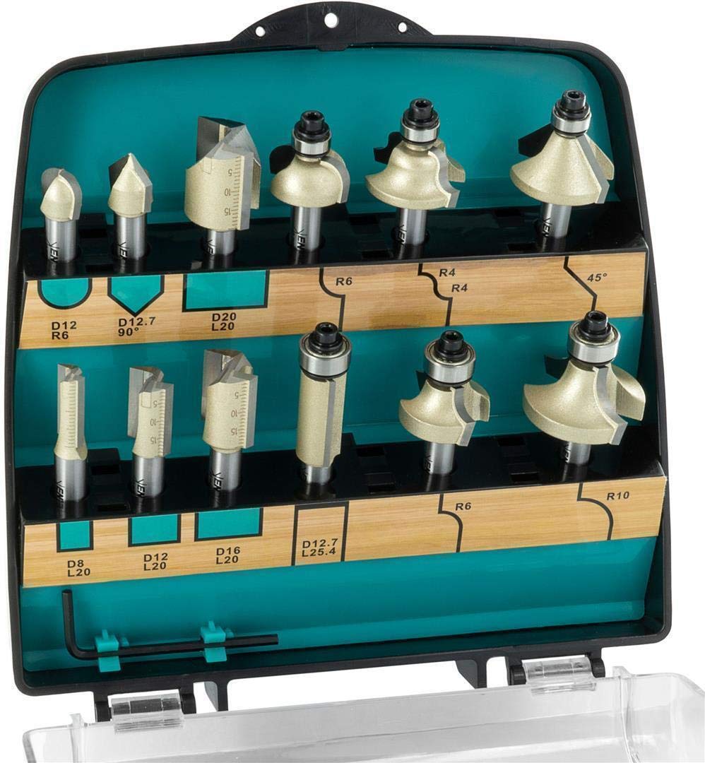 ENT 09012PLUS 12-Piece Carbide Router Bit Plus Set in Break-Proof Plastic Case - Router Bit with Shank 8 mm - Straight Router Bit with Standard Tungsten Carbide Cutting Tip for Drilling into Grooves