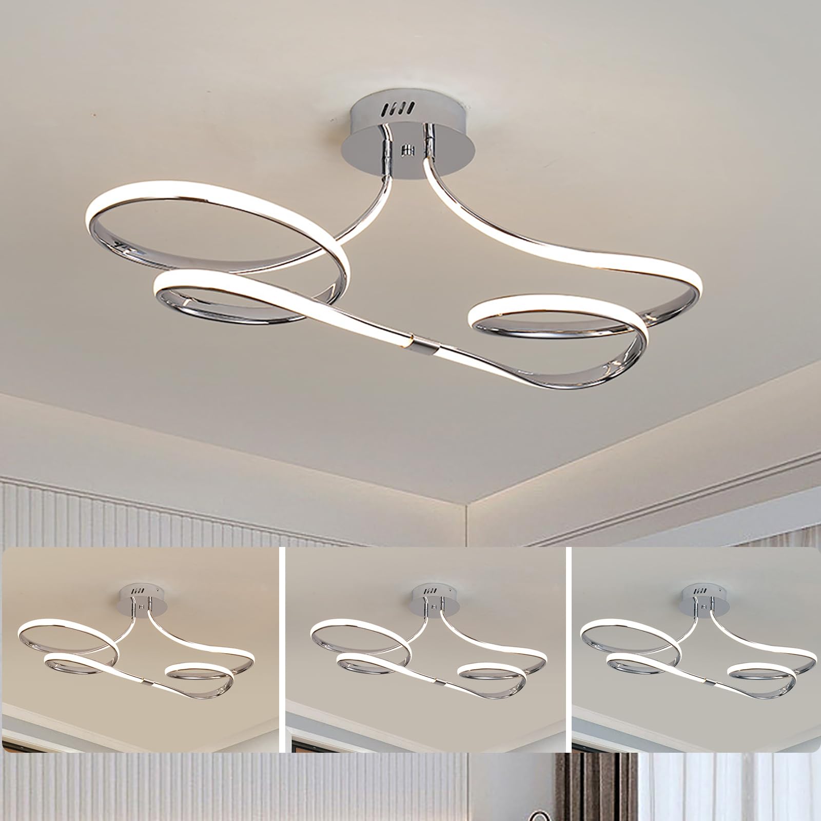 Photo 1 of ZEQICH 29.5in Flush Mount Low Ceiling Chandelier, Covering Living Room & Kitchen Ceiling Light, Dimmable LED with Remote (Chrome 28W)