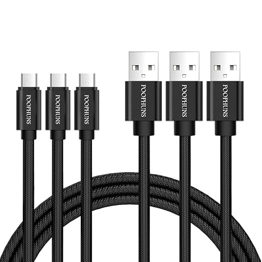 POOPHUNS Cable Micro USB, 3 Pack Nylon Micro USB, Carga rápida, Cable Cargador, Cable USB para Móviles y Cámaras, Compatible con Android Smartphones, Samsung Galaxy, Huawei, Xiaomi, Moto, BQ, Sony, Tabletas y Otros Dispositivos Android, Negro (2m*2+1m*1)