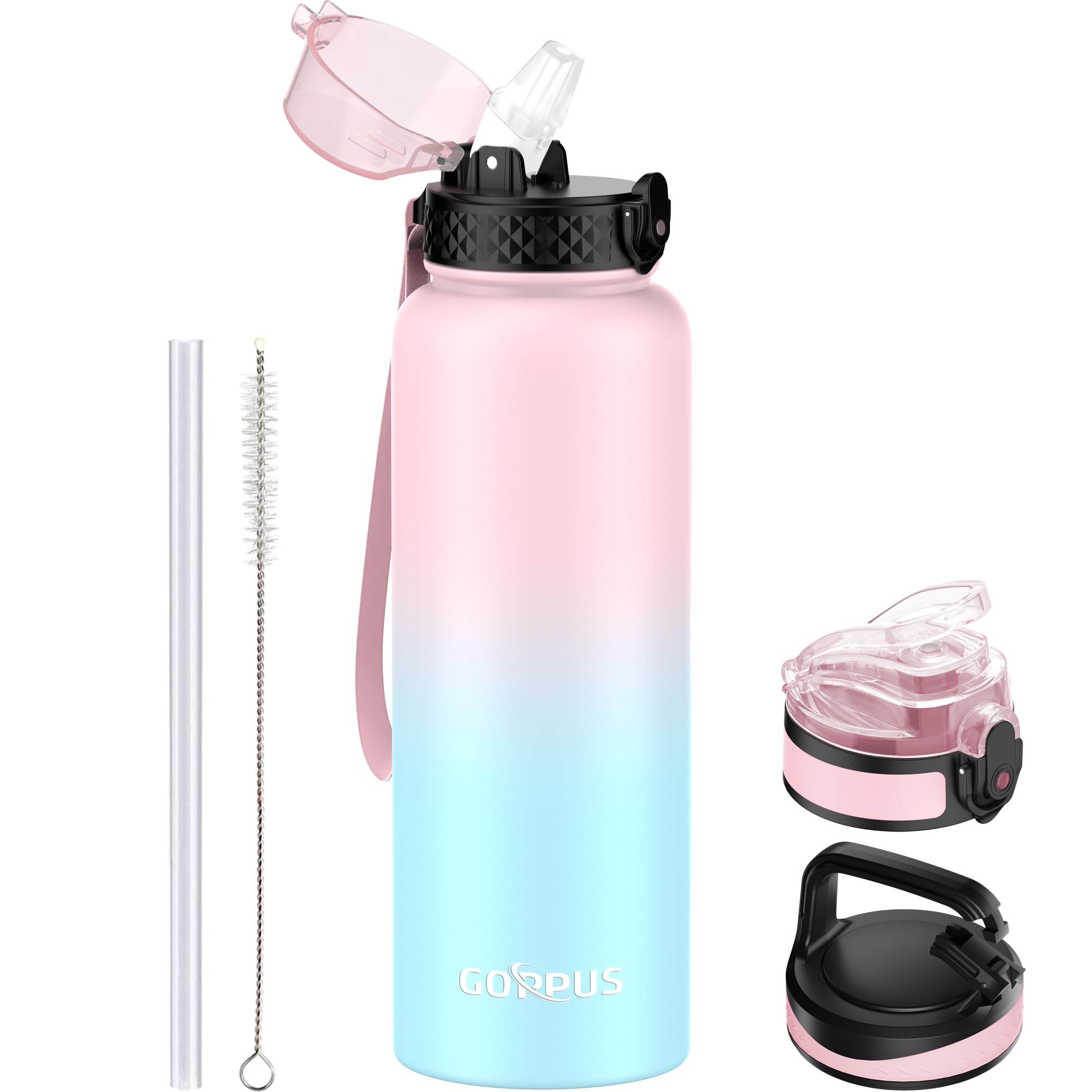 GOPPUS 1.2L/40oz Stainless Water Bottle with Straw Double Wall Insulated Bottles with Strap Large Vacuum Thermal Flask Leakproof Keep Cold Drinks Bottles with Flip Top Lid for Men Women BPA Free
