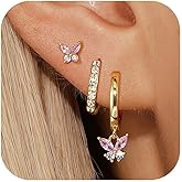 Eathareel 14K Gold Plated Hoop Earrings for Women, Dainty Pink Butterfly Star Sun Heart Hoop Earring Sets with S925 Sterling Silver Post, Pink Earring Stacks Jewelry for Women Trendy