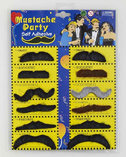 12 pack Black Brown Grey Self Adhesive Mustache Party