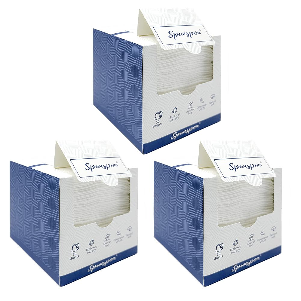 Spunspon Disposable Face Towel, Lint-Free Biodegradable Clean Towels, Makeup Removing Wipes, Super Soft & Thick for Sensitive Skin, 8-Inch X 8-Inch Extra Large Size, 150 Count/3 - Pack