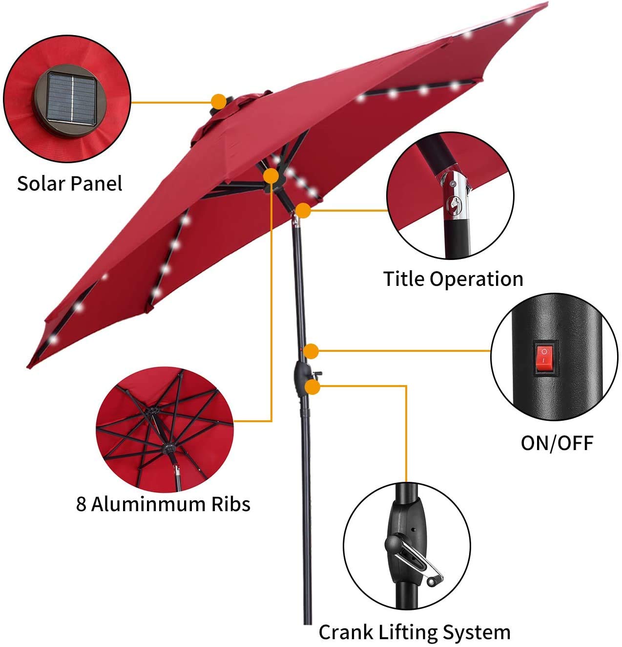 Caymus Patio Umbrella Outdoor Solar Powered Umbrella Led Umbrellas With 32led Lights Tilt And Crank Table Umbrellas For Garden Deck Backyard And Pool Red Amazon In Garden Outdoors