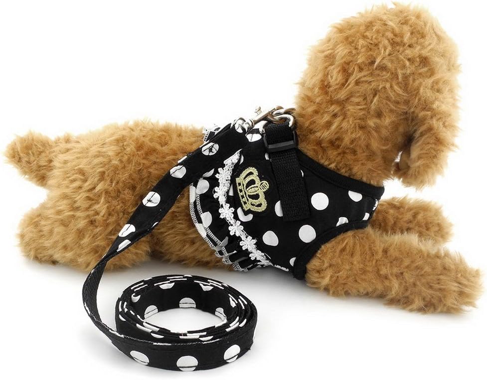 SELMAI Puppy Cat Girl Dog Ruffles Polka Dots Small Dog Vest Harness Lead Set Mesh Padded No Pull Black L, L(Bust: 16.5";for 7-11 Lbs) - Image 3