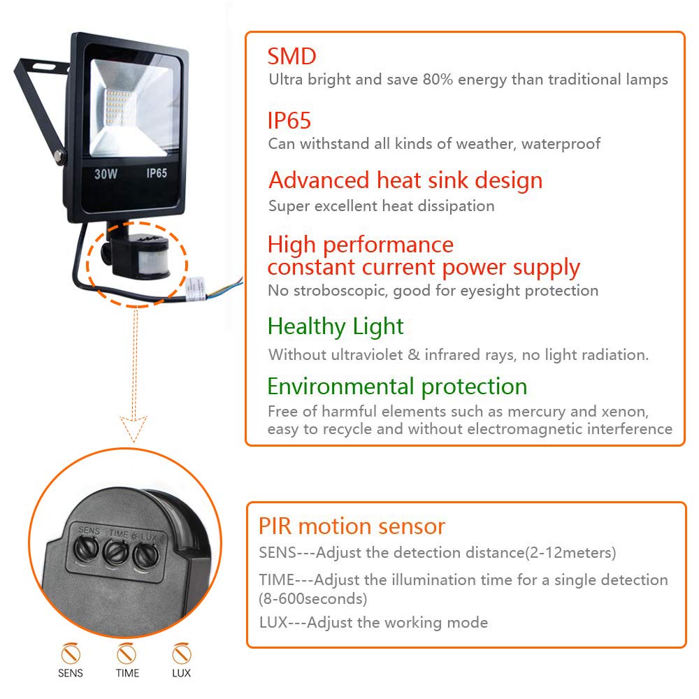 LED Motion Sensor Floodlight, PIR Security Light, 30W, 2400LM High Brightness and 3000K Warm White, IP65 Waterproof LED Lights for Yard, Garden, Garage, Playground, Party (black)